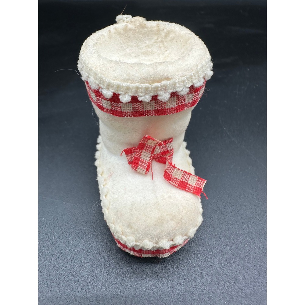 Vintage Flocked Felt Candy Boot Ornament Christmas‎ Red Gingham Ribbon Trim
